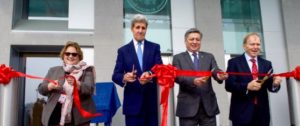 Ambassador Sheila Gwaltney with Secretary Kerry_Ribbon Cutting Ceremony_558x234