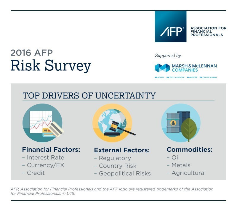 The 2016 AFP Risk Survey cites financial factors, commodities and other external reasons as the top drivers of earnings uncertainty. Full results of the 2016 AFP Risk Survey, supported by Marsh & McLennan Companies&apos; Global Risk Center, are available at www.AFPonline.org/RiskSurvey (PRNewsFoto/AFP)