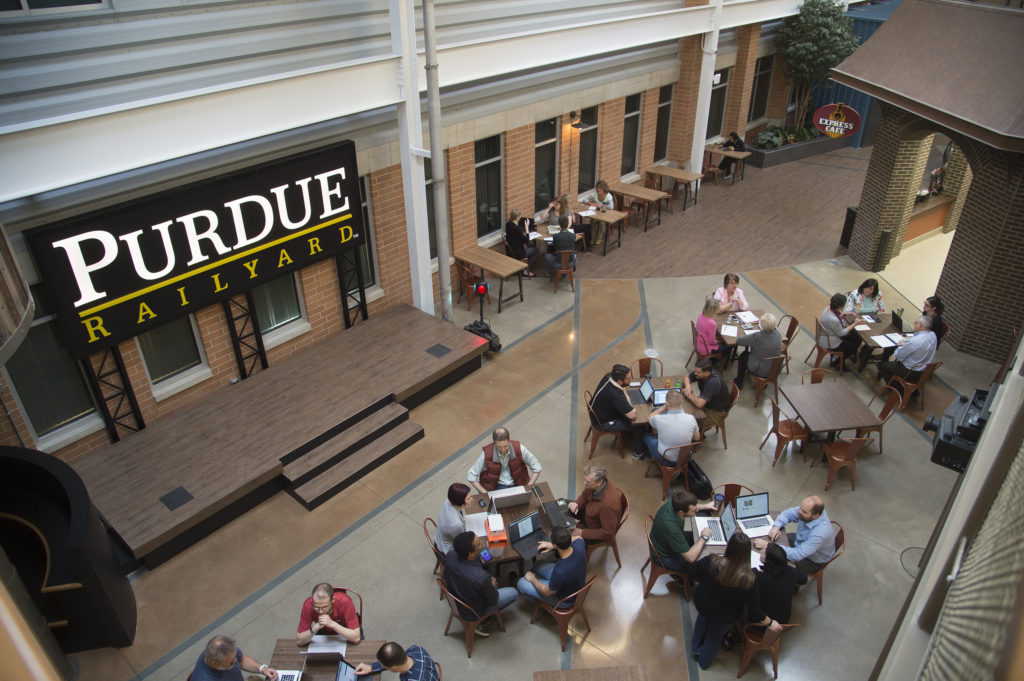 The Purdue Railyard provides entrepreneurially minded members with space to meet, network, hold events and meetings, use conferencing space and eat or have a cup of coffee at the Express Café. The coworking space already has 40 members. (Purdue Research Foundation Photo)