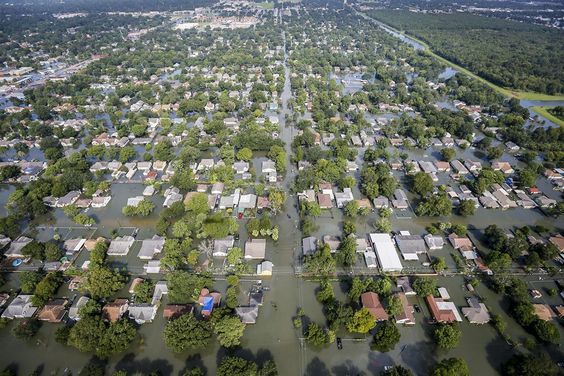 An aerial view shows extensive flooding from Harvey in a residential area in Southeast Texas as of Aug. 31, 2017. Air National Guard photo by Staff Sgt. Daniel J. Martinez. Courtesy of Creative Commons. 
