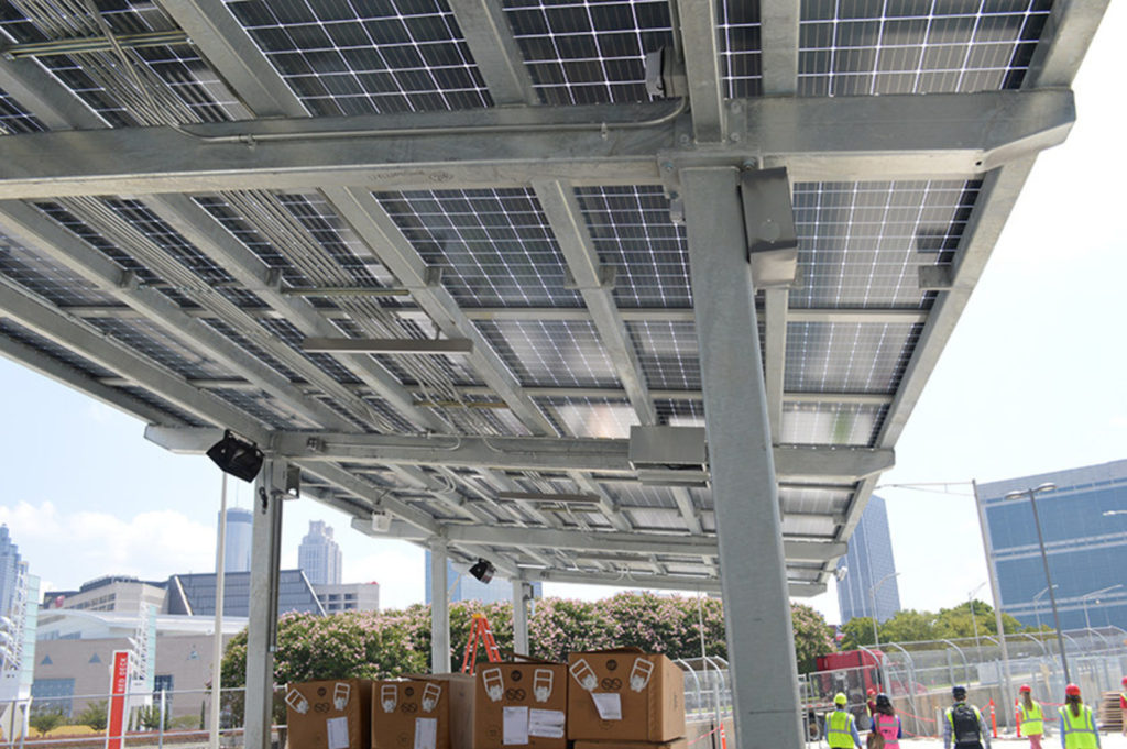 Georgia Powers solar project at Mercedes-Benz Stadium includes three phases with arrays over several parking areas and entry gates. Photo credit: Georgia Power (PRNewsfoto/Georgia Power)