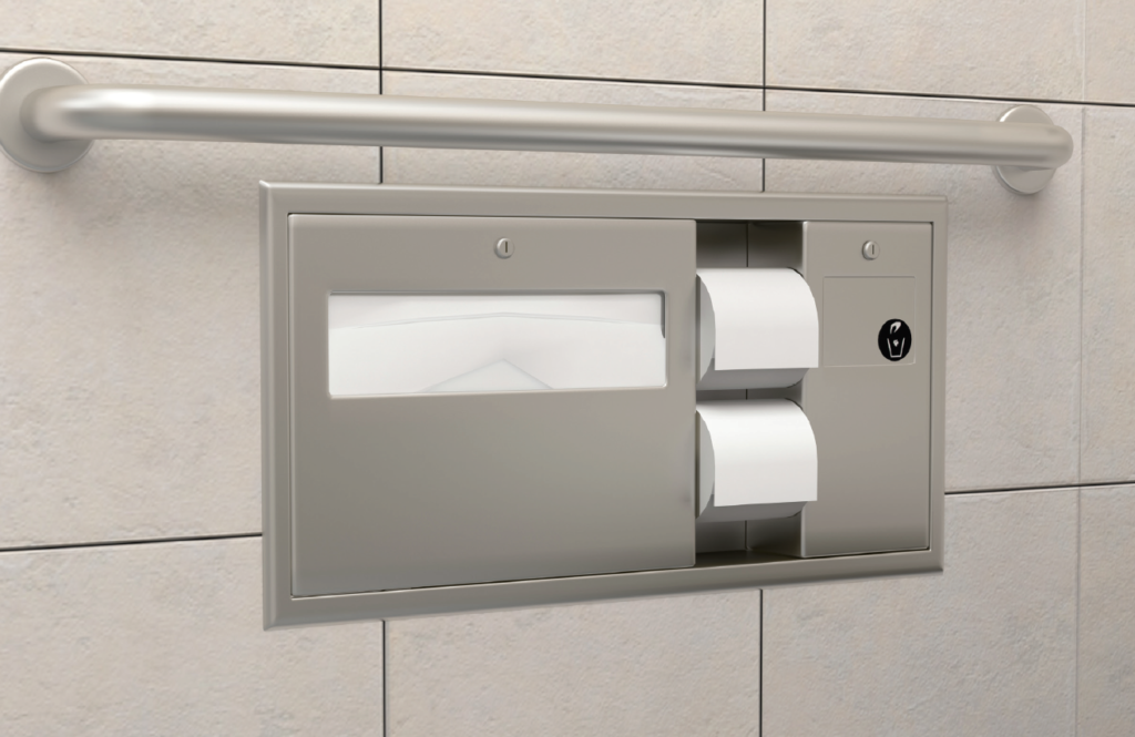Bobrick's combination dispenser-disposal unit for bathrooms achieves code compliance.