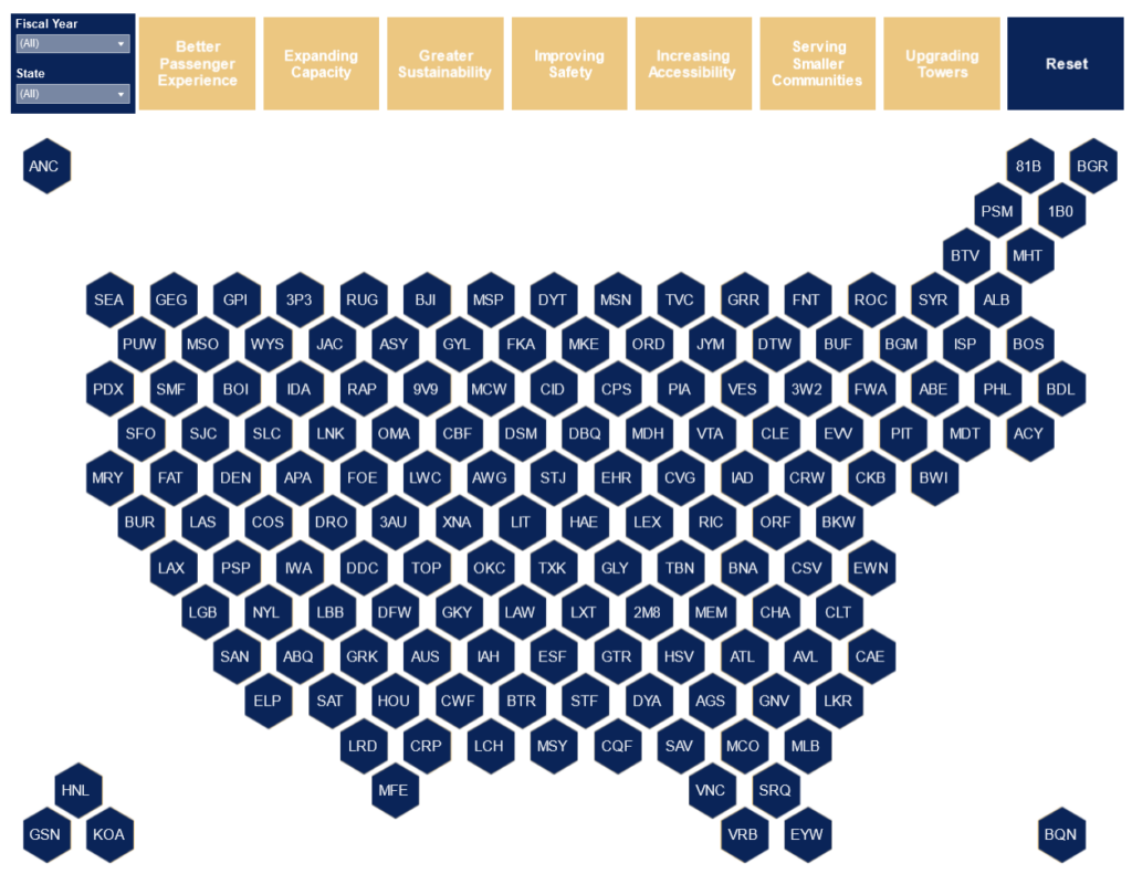 Interactive map of FAA Infrastructure Law funding for 99 airports